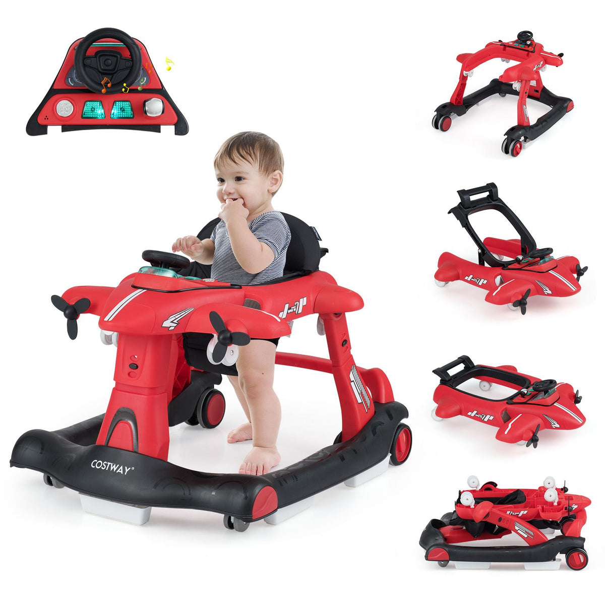 6-in-1 Baby Walker, Foldable Push Walker w/Adjustable Height, Padded Seat