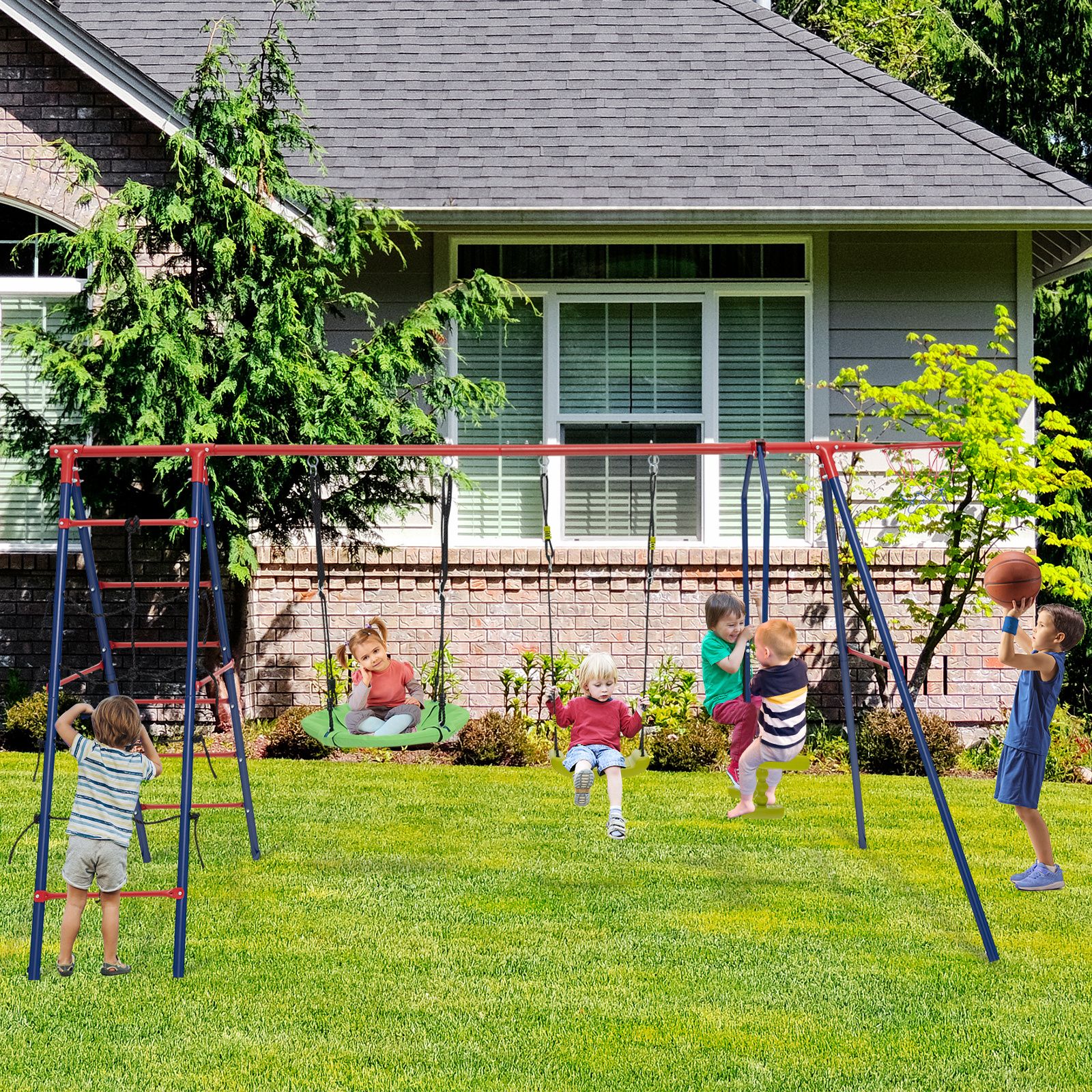 6-in-1 Patio Kids Swing Set, A-Shaped Metal Swing Frame w/ Climbing Net, Ladder