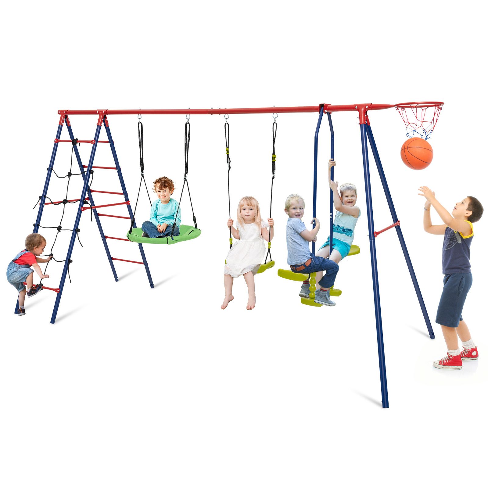 6-in-1 Patio Kids Swing Set, A-Shaped Metal Swing Frame w/ Climbing Net, Ladder