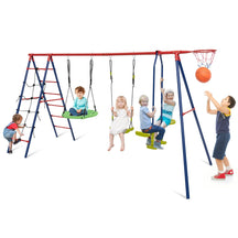 6-in-1 Patio Kids Swing Set, A-Shaped Metal Swing Frame w/ Climbing Net, Ladder