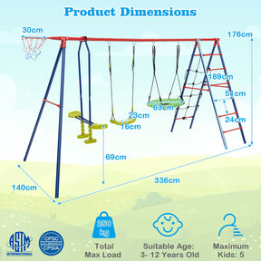 6-in-1 Patio Kids Swing Set, A-Shaped Metal Swing Frame w/ Climbing Net, Ladder
