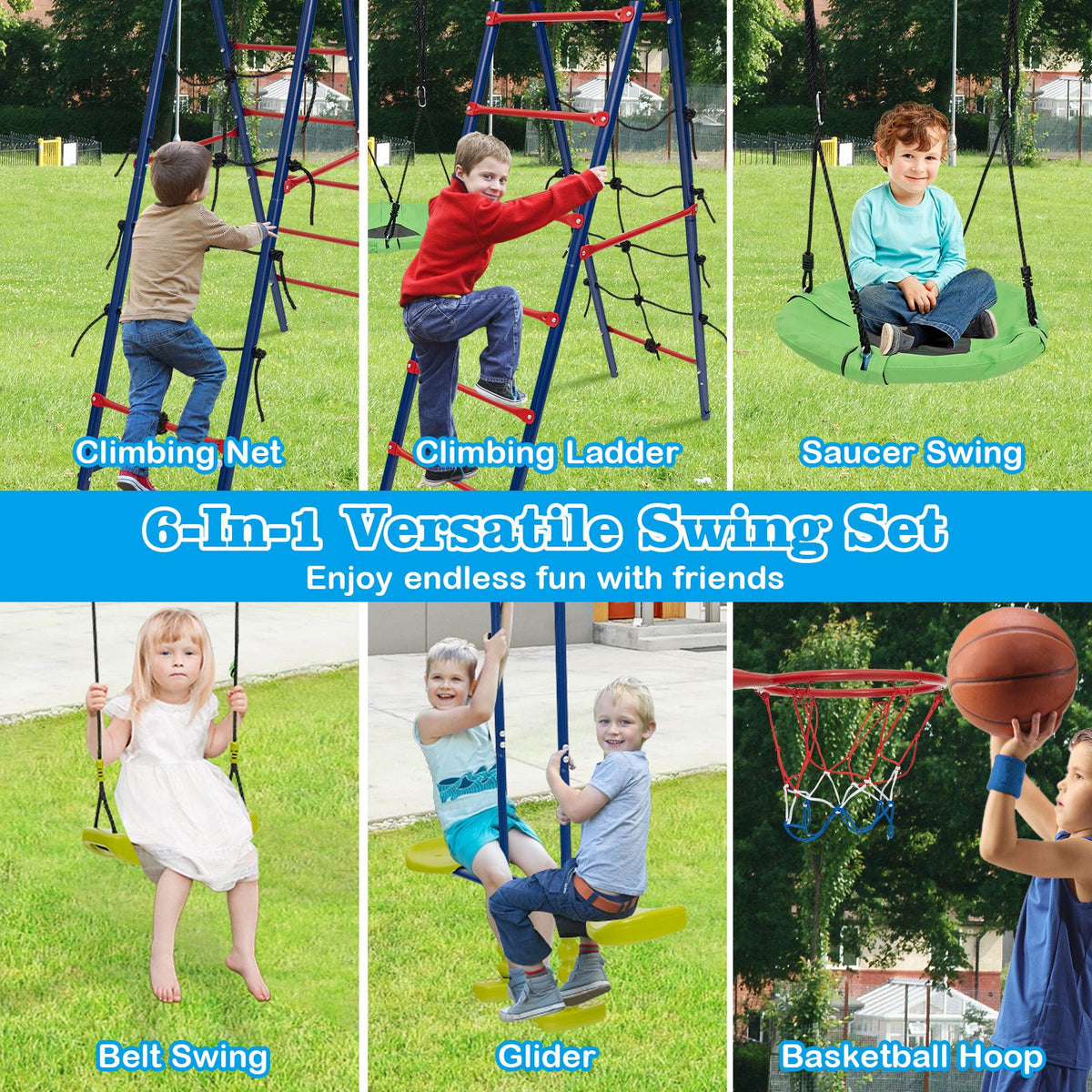 6-in-1 Patio Kids Swing Set, A-Shaped Metal Swing Frame w/ Climbing Net, Ladder