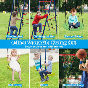6-in-1 Patio Kids Swing Set, A-Shaped Metal Swing Frame w/ Climbing Net, Ladder