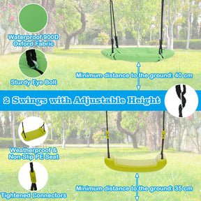 6-in-1 Patio Kids Swing Set, A-Shaped Metal Swing Frame w/ Climbing Net, Ladder
