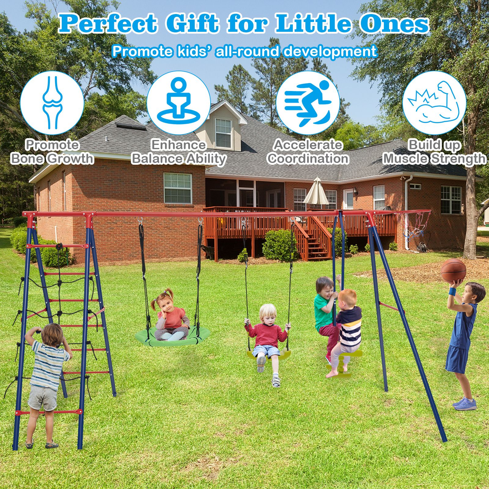6-in-1 Patio Kids Swing Set, A-Shaped Metal Swing Frame w/ Climbing Net, Ladder