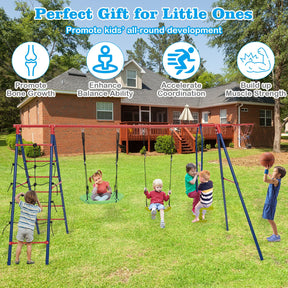 6-in-1 Patio Kids Swing Set, A-Shaped Metal Swing Frame w/ Climbing Net, Ladder