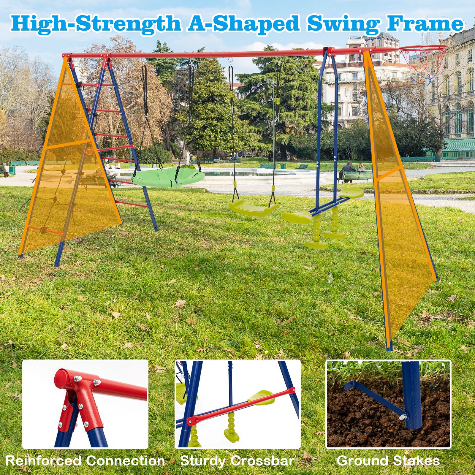 6-in-1 Patio Kids Swing Set, A-Shaped Metal Swing Frame w/ Climbing Net, Ladder