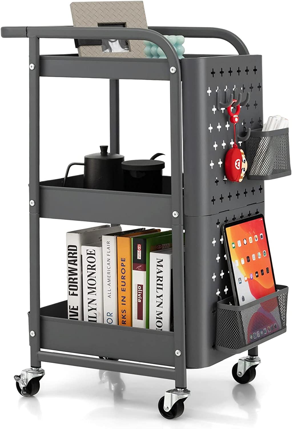 Giantax 3-Tier Rolling Cart, Utility Storage Organizer Cart w/ Dual DIY Pegboards, 2 Baskets