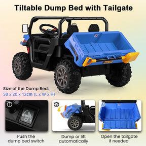2-Seater Kids Ride On Dump Truck, Electric Toy Tractor w/Dump Bed, Shovel, 2.4G Remote Control, Wireless Connection
