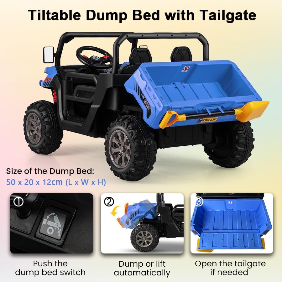 2-Seater Kids Ride On Dump Truck, Electric Toy Tractor w/Dump Bed, Shovel, 2.4G Remote Control, Wireless Connection