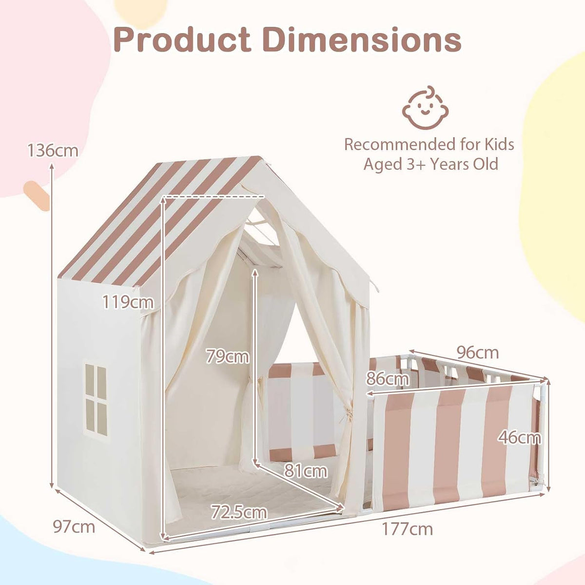 Kids Play Tent with Playpen, 2-in-1 Toddler Playhouse w/Yard, Door Curtains, Windows, Star Lights & Washable Cotton Mat, Indoor Teepee Tent for Boys and Girls Aged 3+ Years (Beige)