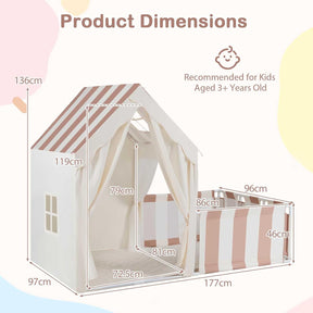 Kids Play Tent with Playpen, 2-in-1 Toddler Playhouse w/Yard, Door Curtains, Windows, Star Lights & Washable Cotton Mat, Indoor Teepee Tent for Boys and Girls Aged 3+ Years (Beige)