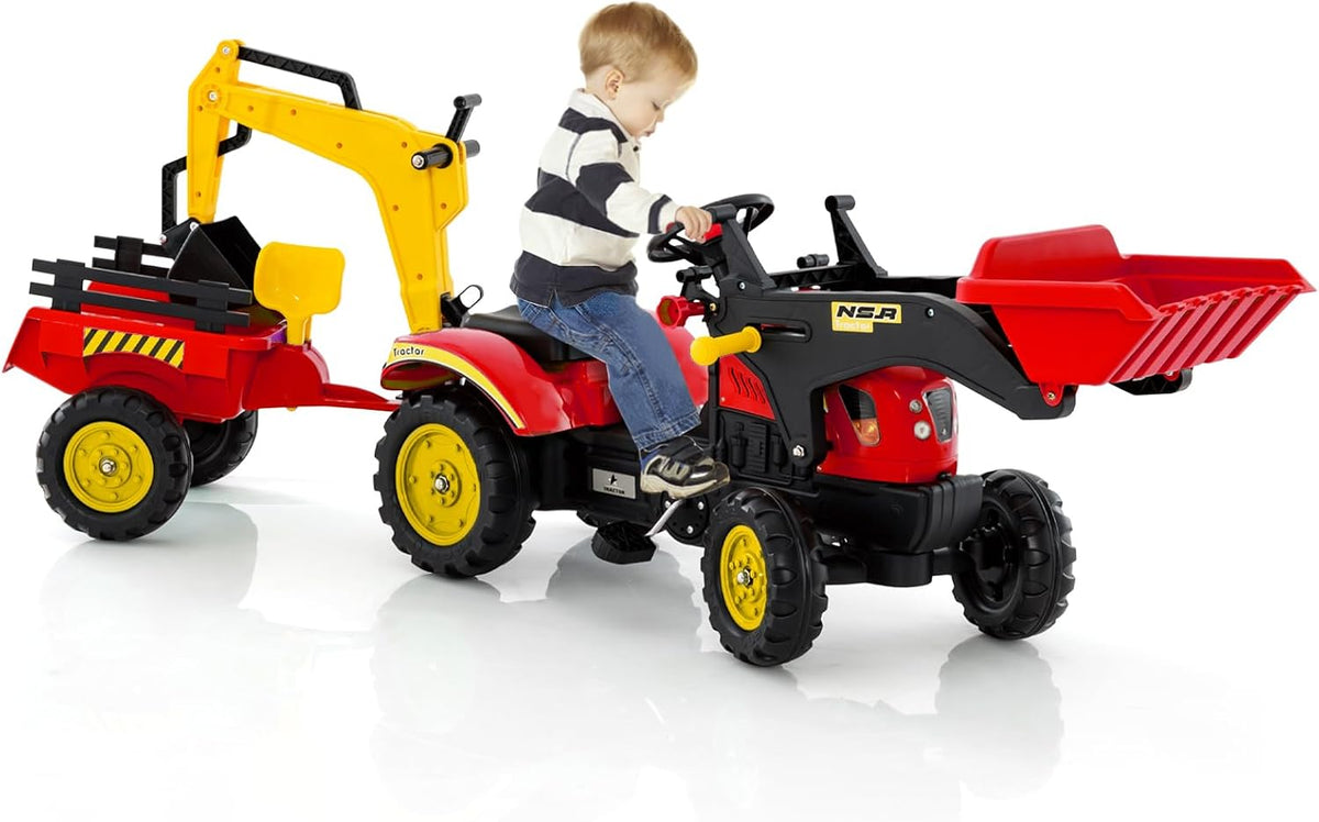 3 in1 Kids Ride On Excavator, Pedal car Bulldozer with 6 Wheels & Detachable Trailer
