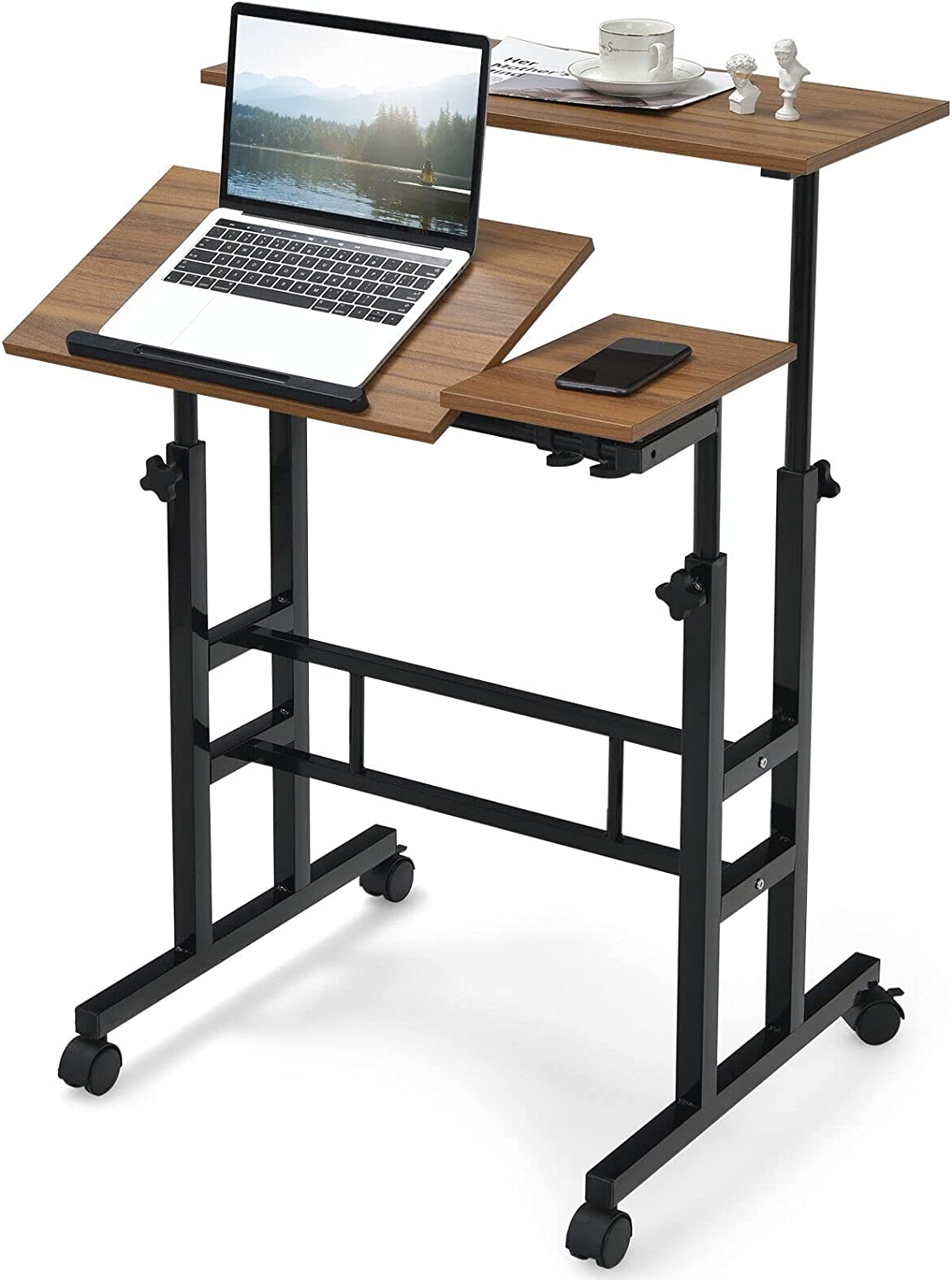 Giantex Mobile Stand up Computer Desk, Rolling Standing Laptop Cart with 2 Tilting Desktops