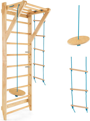 Wood Stall Bar, Swedish Ladder with Swedish Wall & Pull Up Bar & Rope Ladder & Trapeze