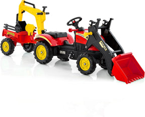 3 in1 Kids Ride On Excavator, Pedal car Bulldozer with 6 Wheels & Detachable Trailer