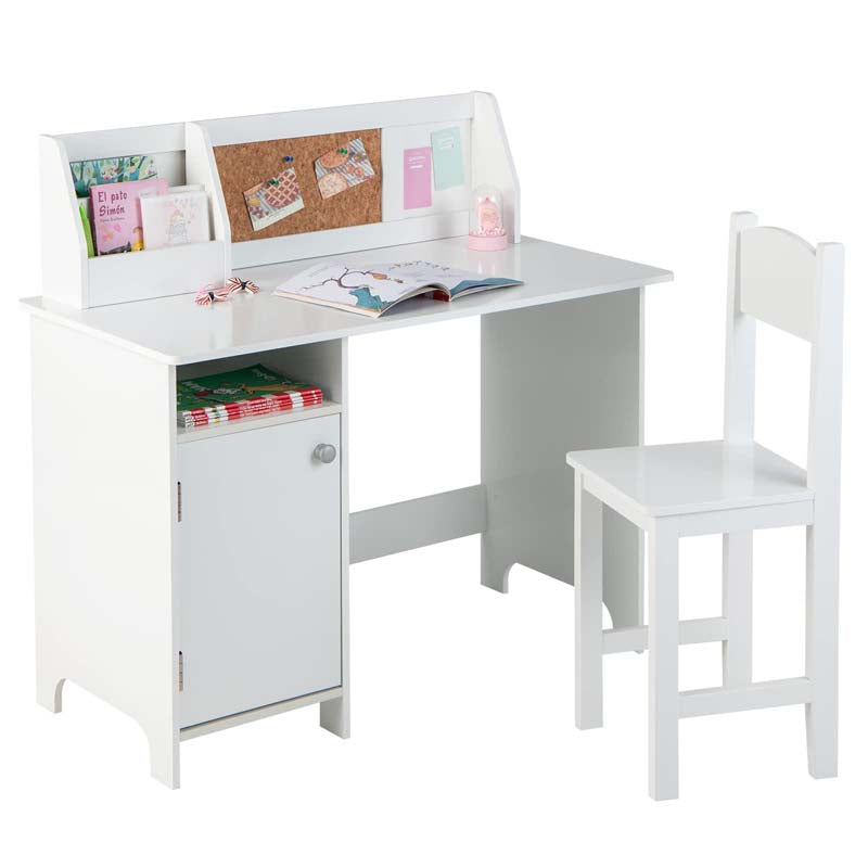 Kids Table and Chair Set, Wooden Study Table with Whiteboard, Cork Board, Storage Hutch & Cabinet, Student Computer Workstation for Bedroom