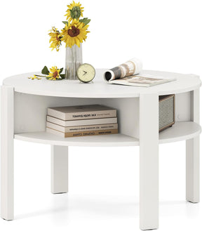 2-Tier Round Coffee Table w/Storage, 75 cm Tea Cocktail Table w/ 4 Shelves