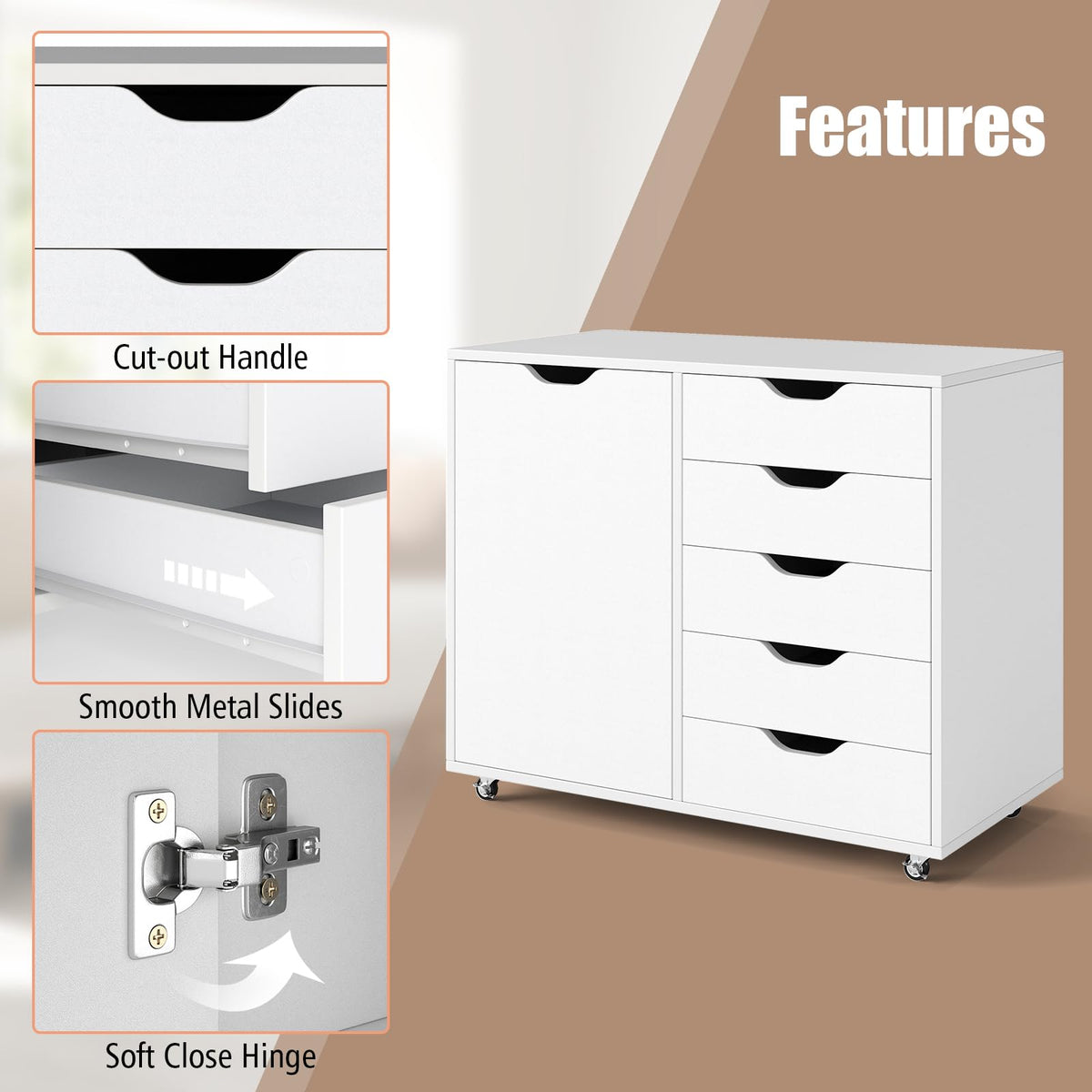 5-Drawer Chest with Door, Mobile File Cabinet with 5 Casters & Adjustable Shelf, Rolling Chest of Drawers Printer Stand