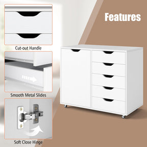 5-Drawer Chest with Door, Mobile File Cabinet with 5 Casters & Adjustable Shelf, Rolling Chest of Drawers Printer Stand