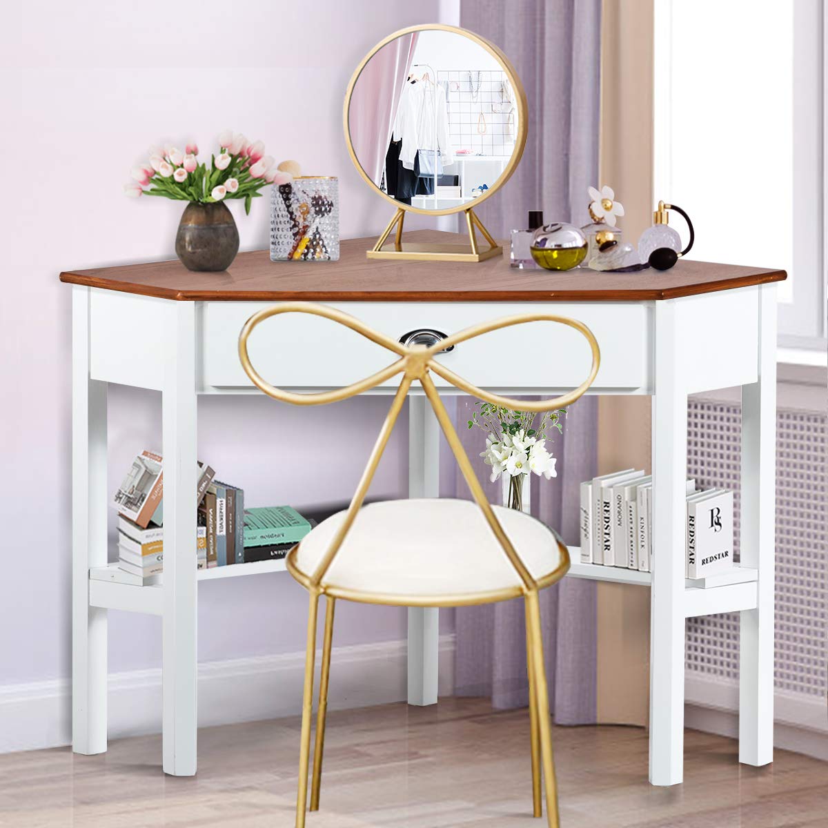 Wood Corner Computer Desk, Compact Writing Table w/Drawer & Shelves