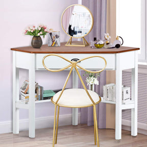 Wood Corner Computer Desk, Compact Writing Table w/Drawer & Shelves