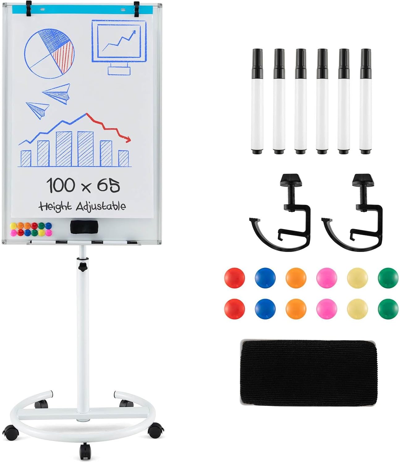 100x65cm Rolling Magnetic Whiteboard w/Height Adjustable Stand