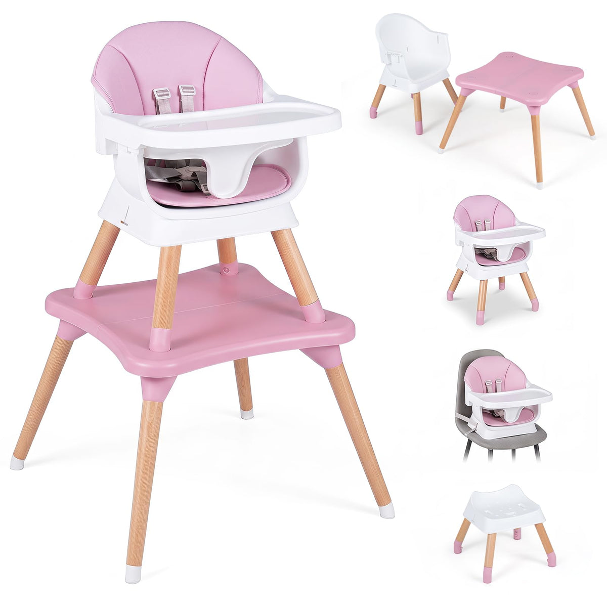 9-in-1 Convertible High Chair, Kids Table and Chair Set w/Solid Wood Legs, Removable Dishwasher-Safe Tray