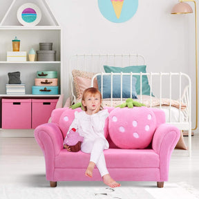 BABY JOY Toddler Couch with 2 Strawberry Pillows, Children Upholstered Loveseat Lounge Bed