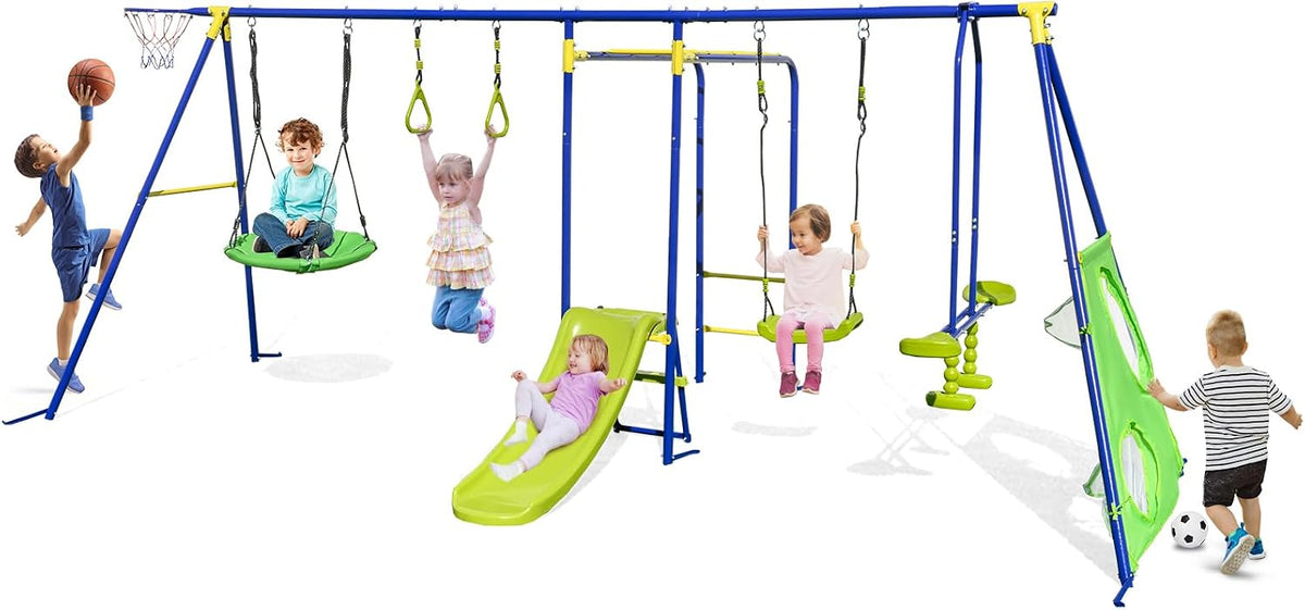 8-in-1 Outdoor Swing Set, Heavy-Duty Swing Stand with A-Shaped Metal Frame, 2 Swings, Glider, Gym Rings