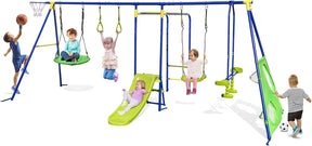 8-in-1 Outdoor Swing Set, Heavy-Duty Swing Stand with A-Shaped Metal Frame, 2 Swings, Glider, Gym Rings