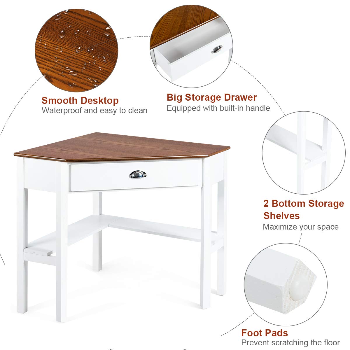 Wood Corner Computer Desk, Compact Writing Table w/Drawer & Shelves