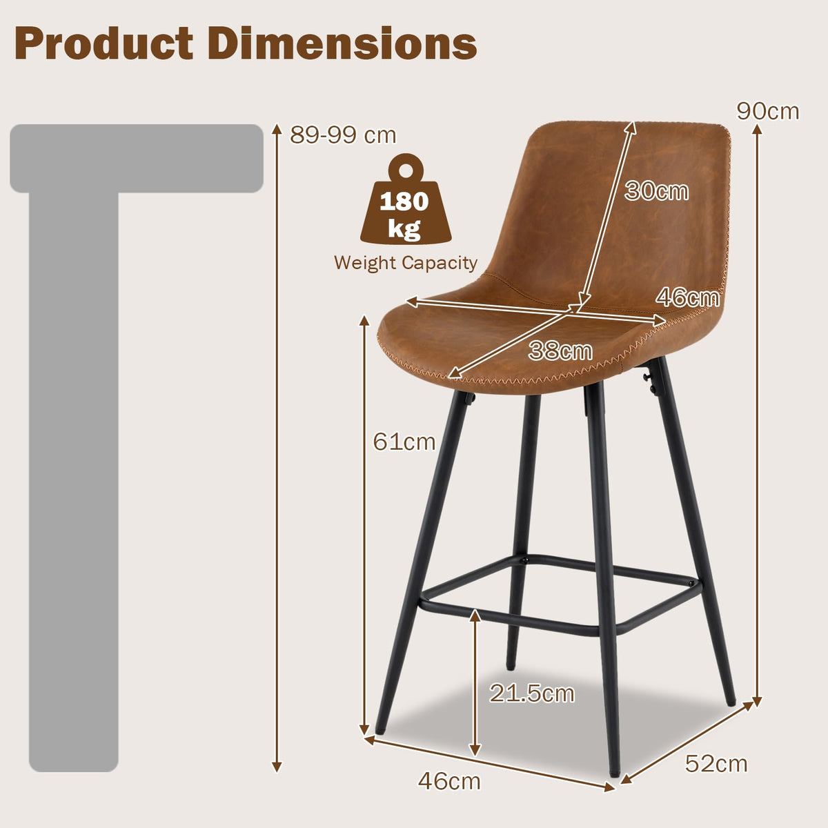 Counter Height Bar Stools Set of 2, 61 CM Bar Chairs with Backs and Footrests