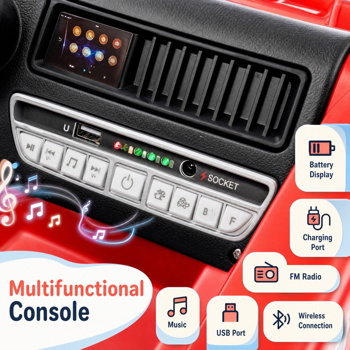 Kids Ride on Fire Truck, 12V Battery Powered Fire Car with Remote Control, Extinguisher, Shovel, Loudspeaker, Music, Sirens, Lights & Wireless Connection, Electric Vehicle for Children 3-8 Years Old