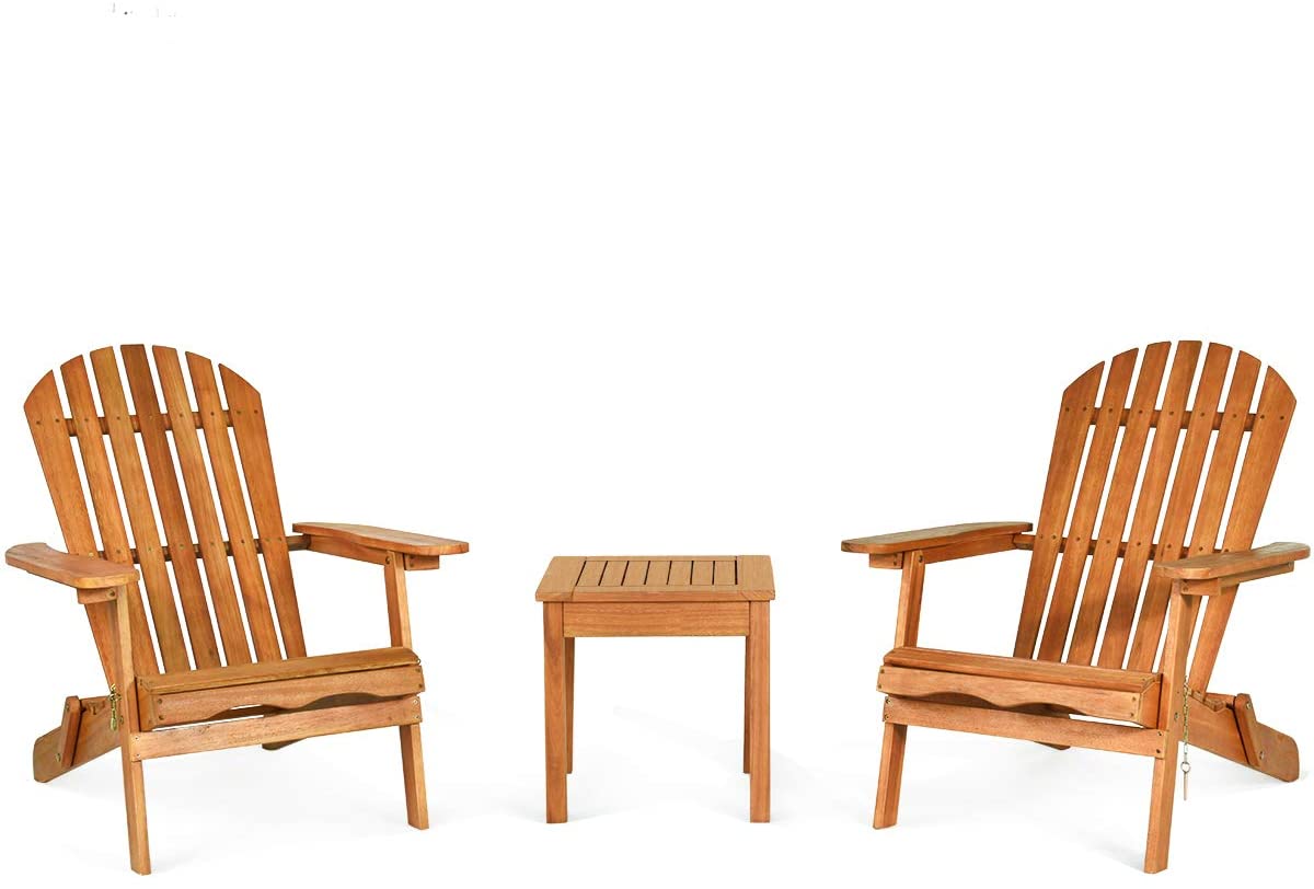 3 Pieces Foldable Wooden Adirondack Lounger Chair Set with Widened Armrest and Side Table