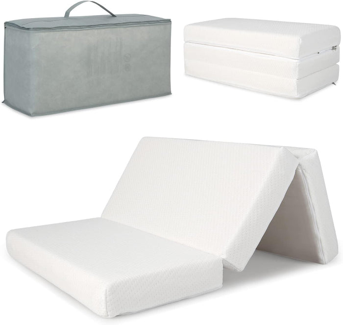 BABY JOY Folding Baby Cot Mattresses, 97 x 68 x 5cm Dual-Sided Foam Crib Mattresses w/Carrying Bag & Removable Zippered Cover