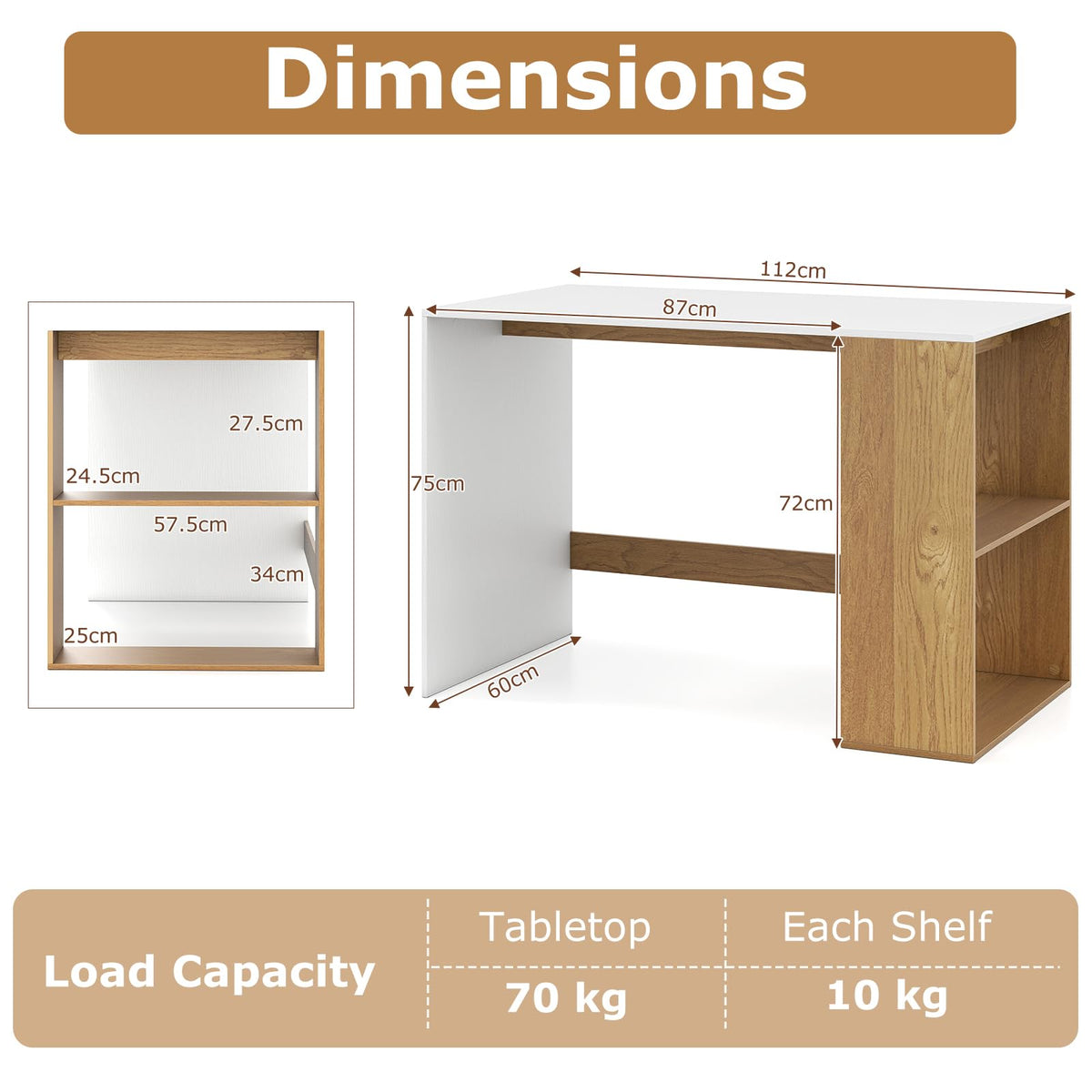 Computer Desk, 112cm Home Office Desk with 2-Tier Bookshelf