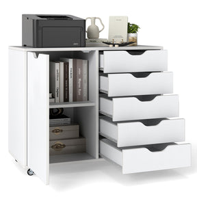 5-Drawer Chest with Door, Mobile File Cabinet with 5 Casters & Adjustable Shelf, Rolling Chest of Drawers Printer Stand
