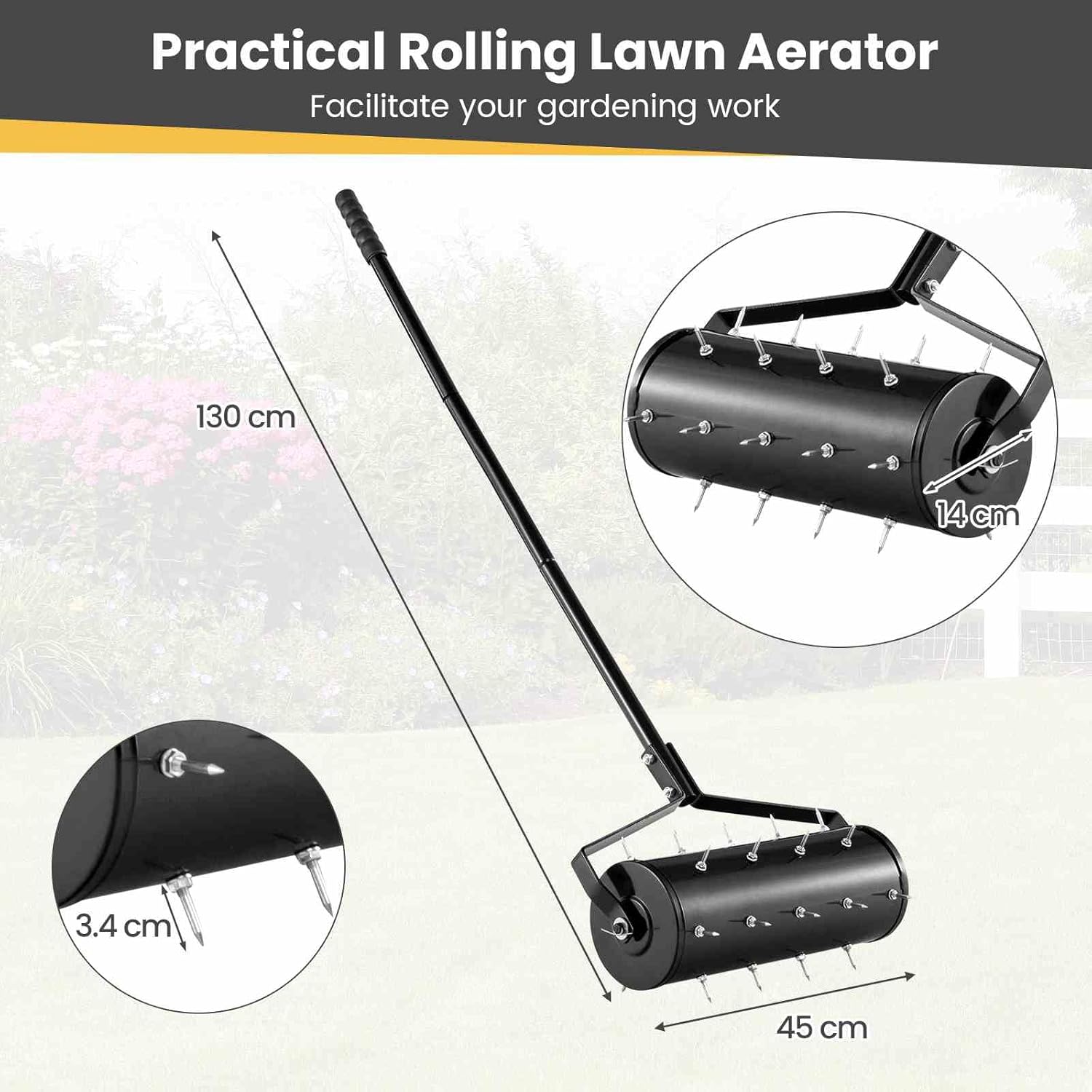 Heavy-Duty Rolling Aerator w/ Lawn Soil Penetrating Spikes & 130 cm Handle