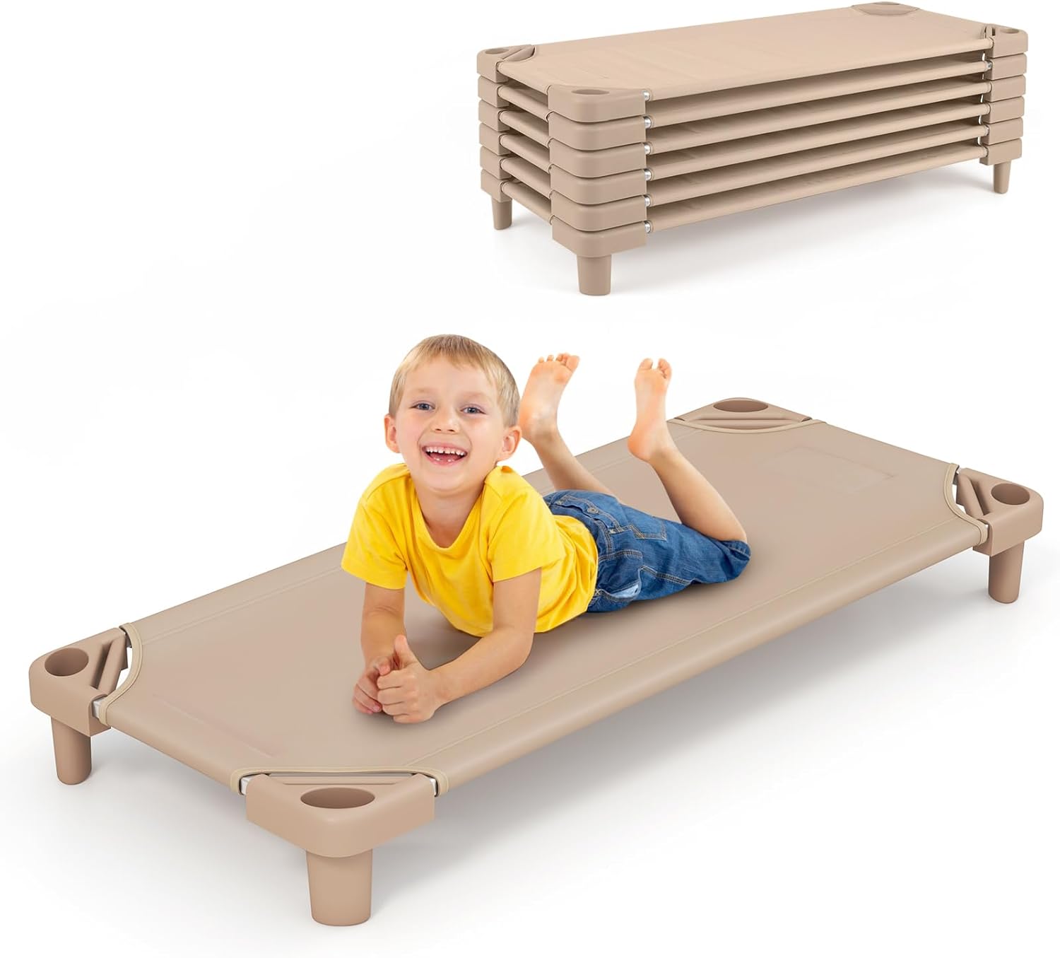 6 PCS Kids Stackable Daycare Cot, Pack of 6, 130cm x 57cm Portable Toddler Nap Mat w/Easy Lift Corners