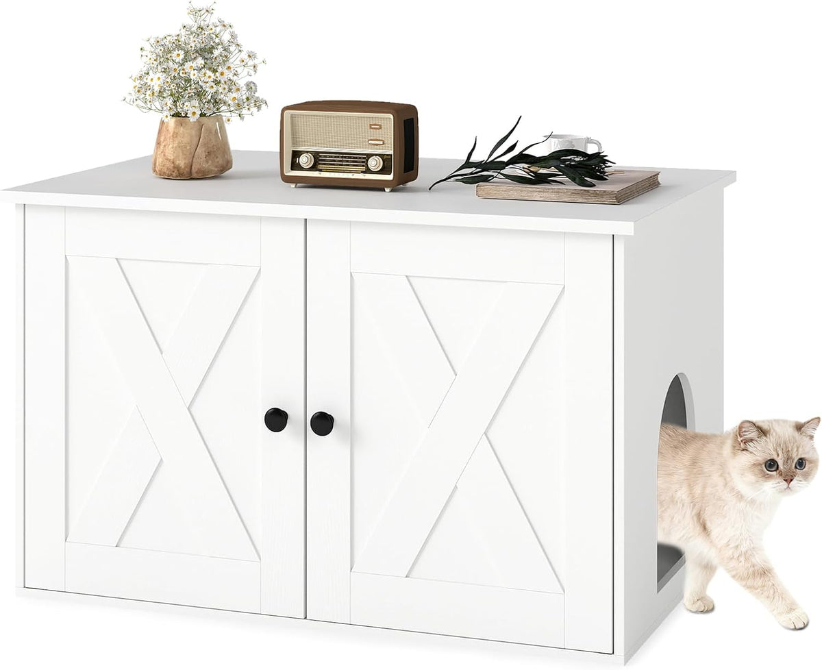 Hidden Cat Litter Box Enclosure Furniture, 80 x 53 x 50 CM Wooden Cabinet w/ Divider