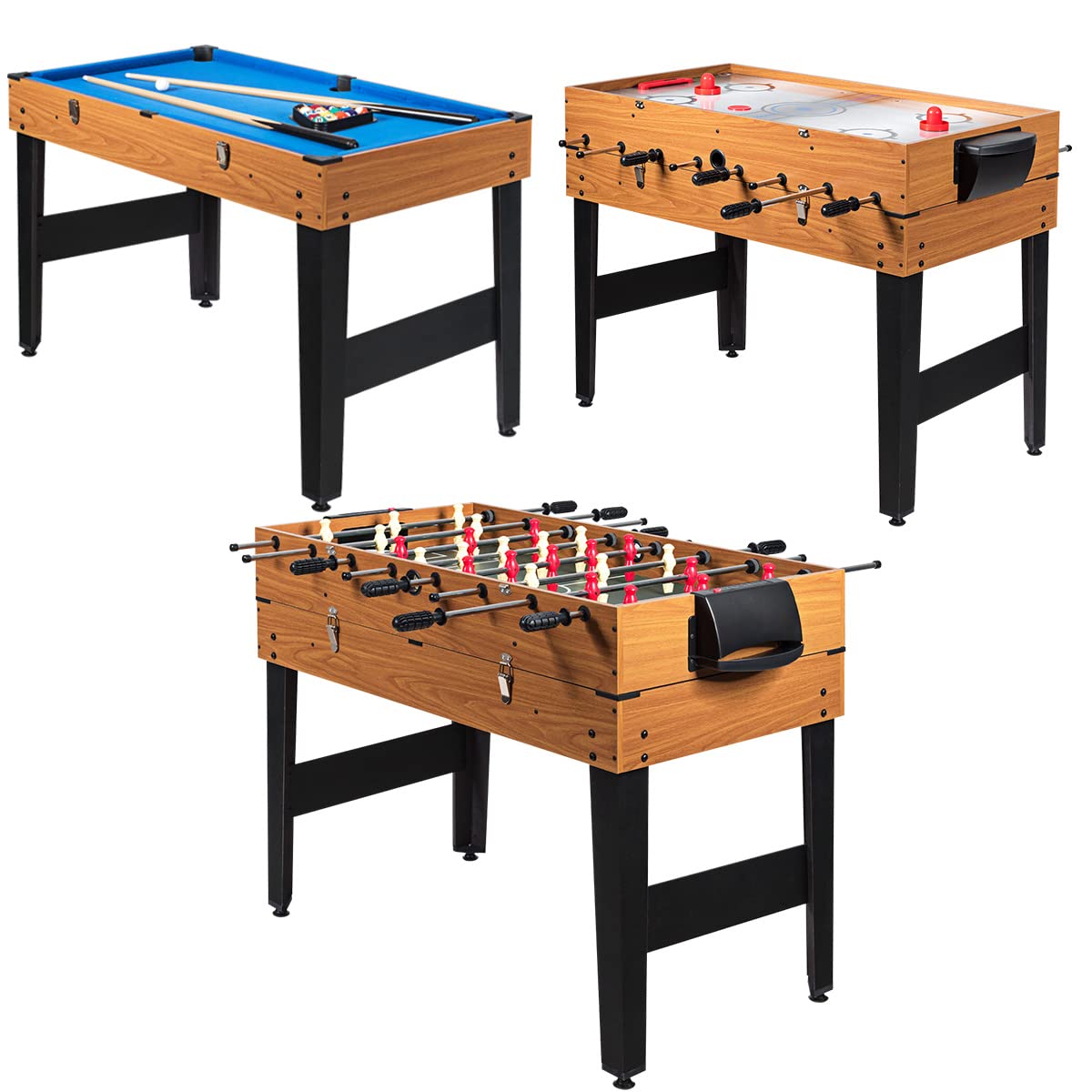 3-in-1 Multi Game Table, 48" Wooden Combo Game Table with Soccer, Billiard, Slide Hockey for Game Room, Home Office, Bar Party