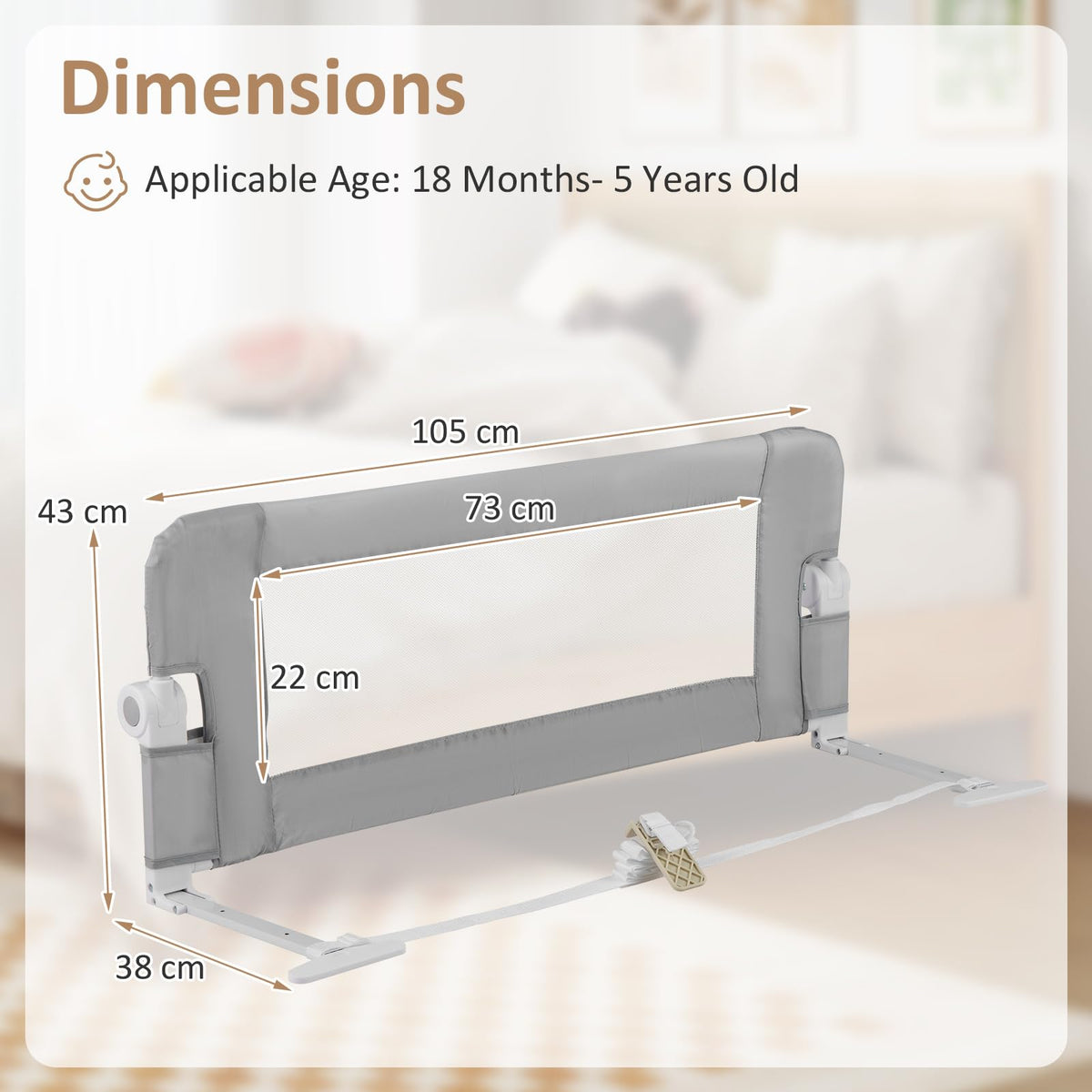 Foldable Bed Rail for Toddlers, Baby Bed Rail Guard w/ Detachable Oxford Fabric Cover & Additional Y-shaped Strap