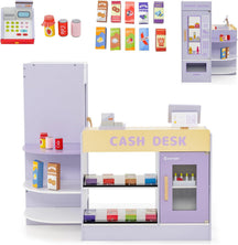 HONEY JOY Wooden Supermarket Play Toy Set, Kids Grocery Store Playset with Checkout Counter