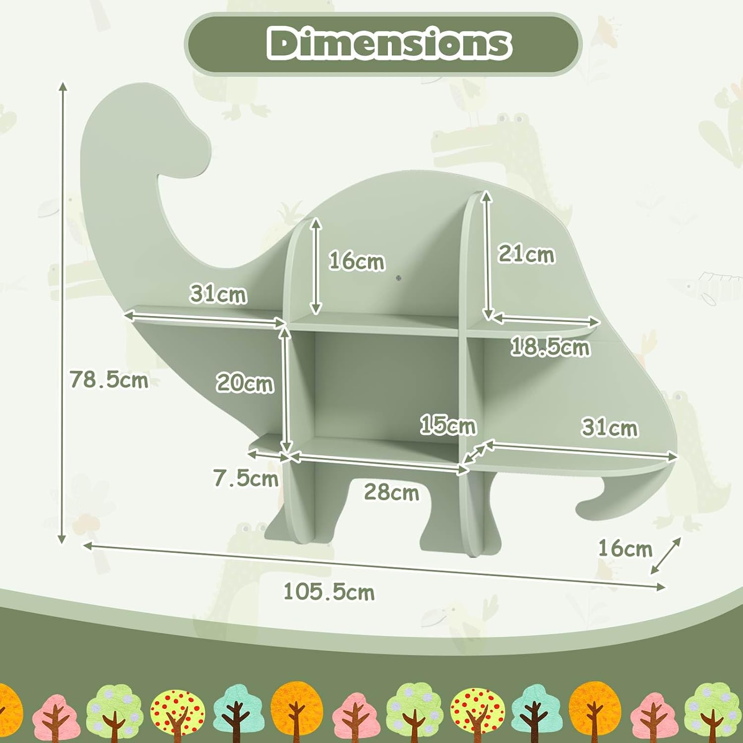 Floating Dinosaur Kids Bookshelf 2-Tier Wood Hanging Bookcase