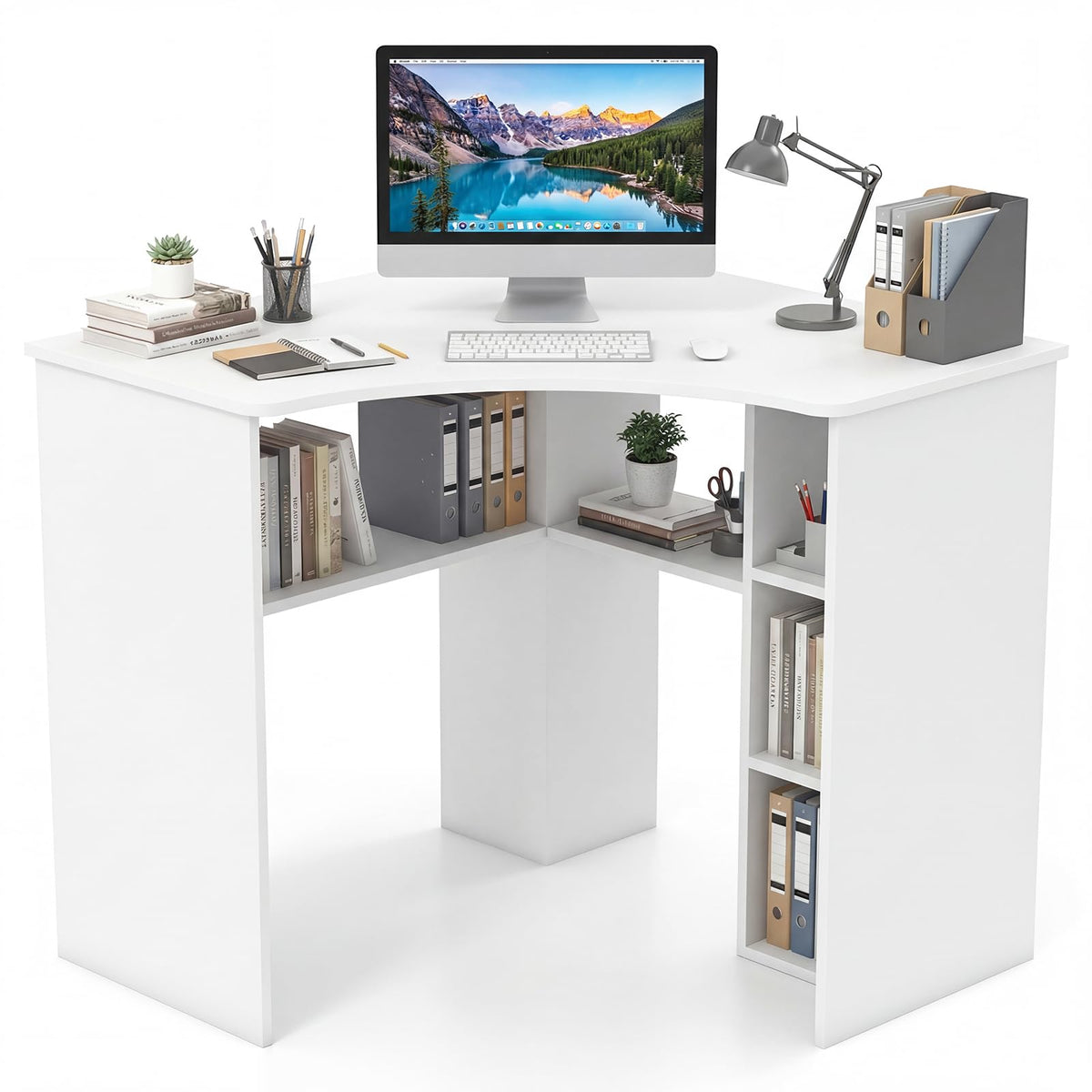 Corner Desk, Triangle Computer Desk with Storage Shelves