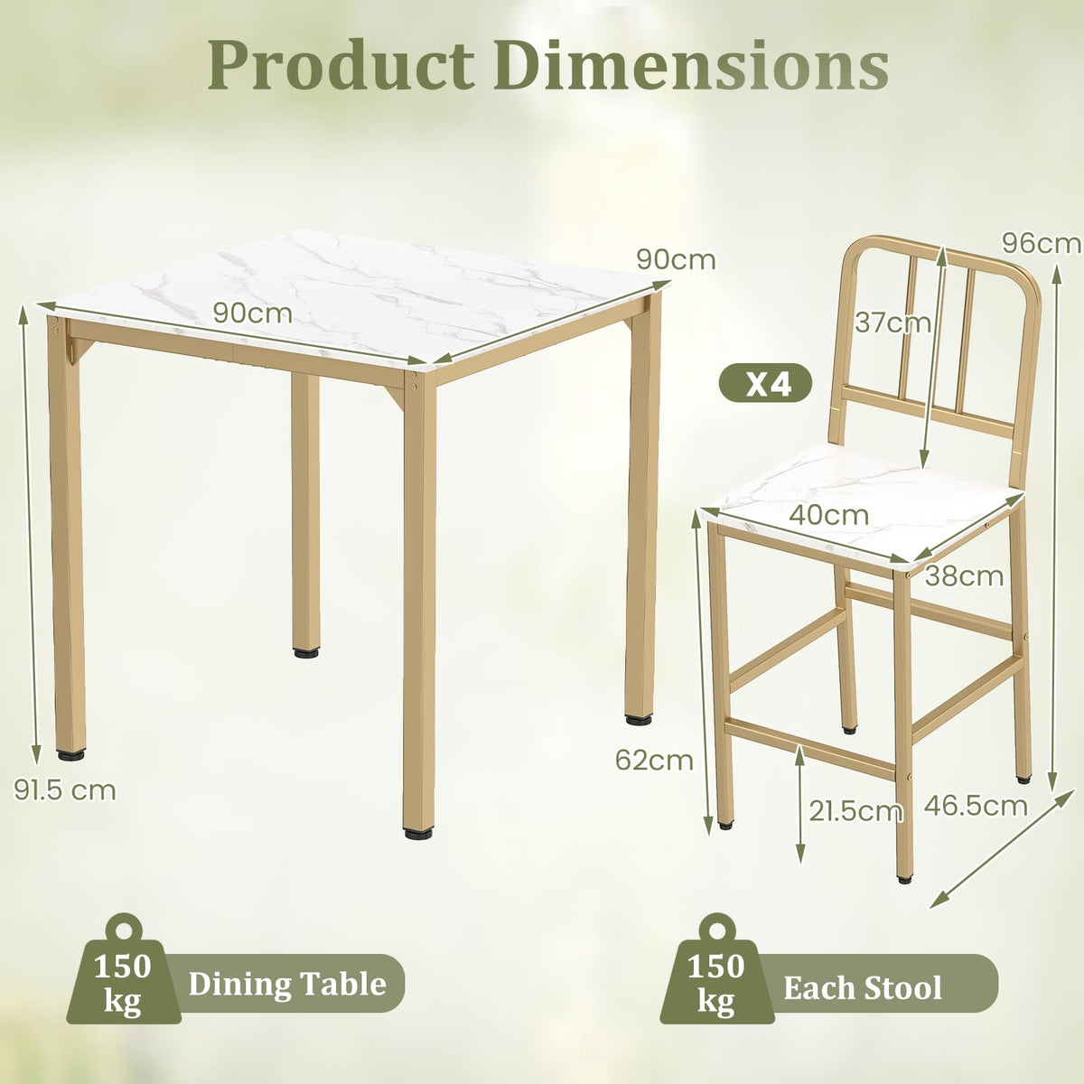 Counter Height Dining Table Set for 4, 5-Piece Kitchen Bar Table and Chairs Set with Faux Marble Surface