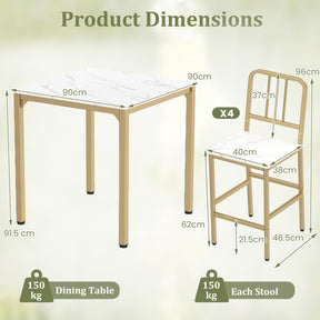Counter Height Dining Table Set for 4, 5-Piece Kitchen Bar Table and Chairs Set with Faux Marble Surface