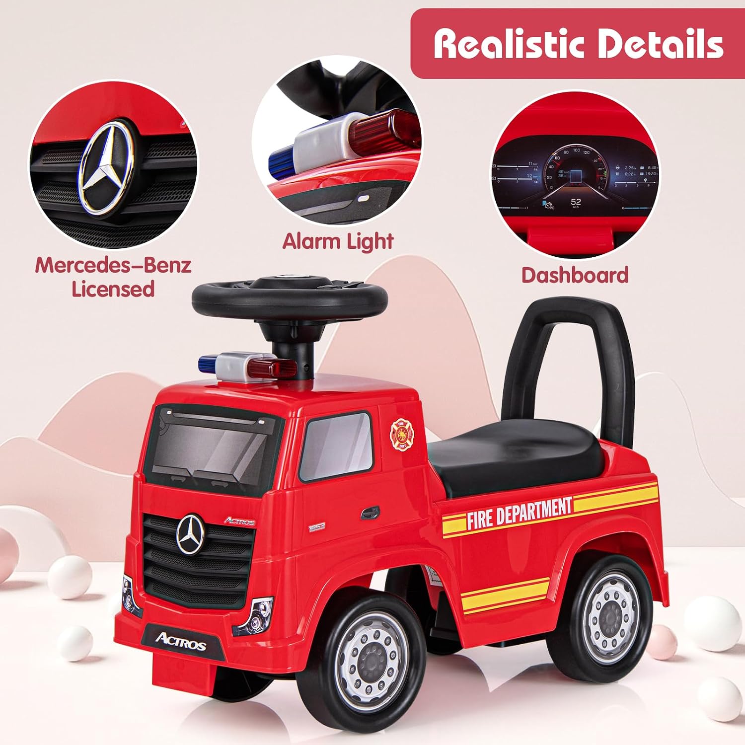 Mercedes-Benz Licensed Kids' Ride On Truck, Foot-to-Floor Push Fire Engine w/ Music & Horn, Sit & Scoot Toy w/ Steering Wheel & Hidden Storage Space, Perfect Gift for 2+ Boys & Girls, Red