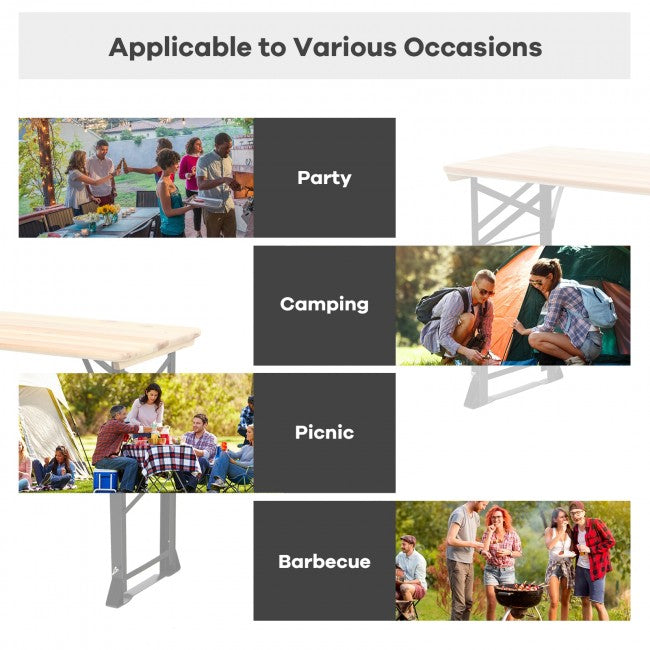 66.5 Inch Adjustable Height Outdoor Portable Wooden Folding Picnic Table with Umbrella Hole